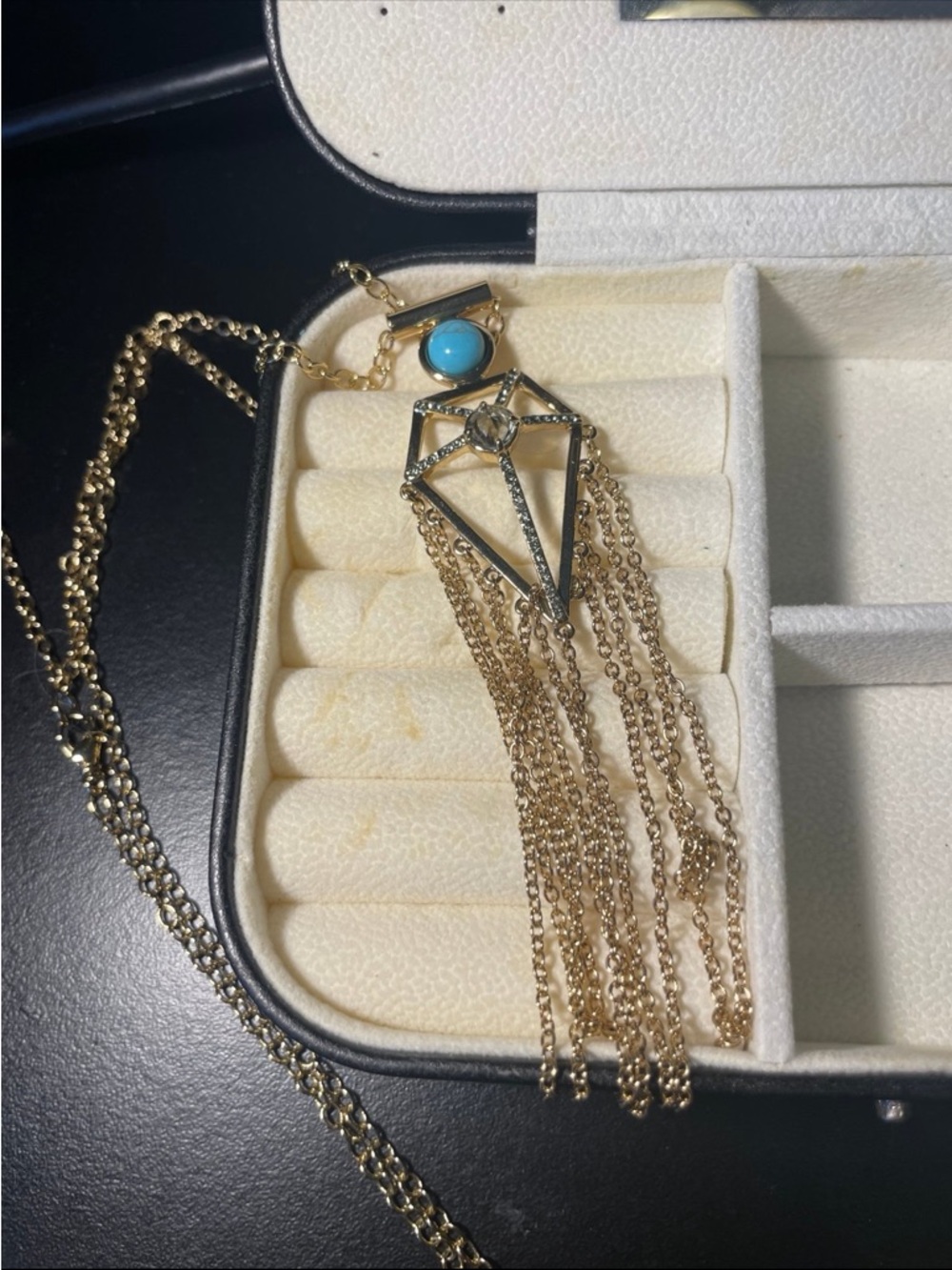 Gold-tone Pendant Necklace with Turquoise Stone and Fringe